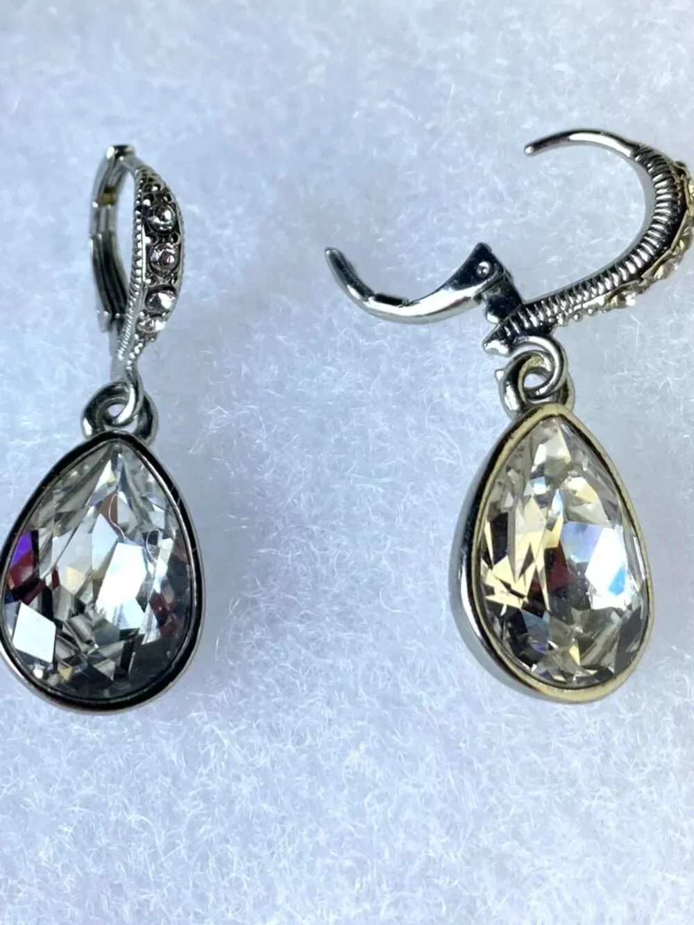 GIVENCHY Crystal Teardrop Dangle Earrings Silver Tone Clear Pave Leverback - Picture 7 of 8